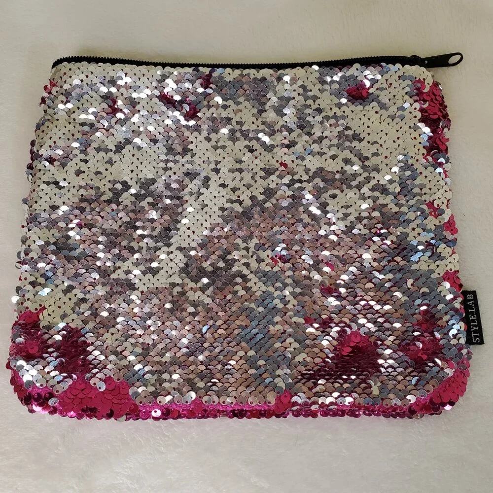 Sequin Makeup Bag Cosmetic Purse Reversible Pink & Silver Sequins Girl Women